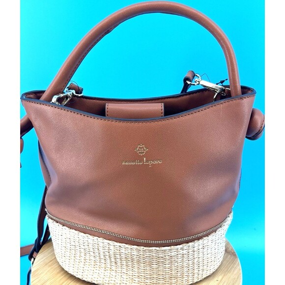 Nanette Lepore Handbags - Nanette Lepore Reese Bucket Rattan Bottom Vegan Leather Bag Purse Brown/Tan